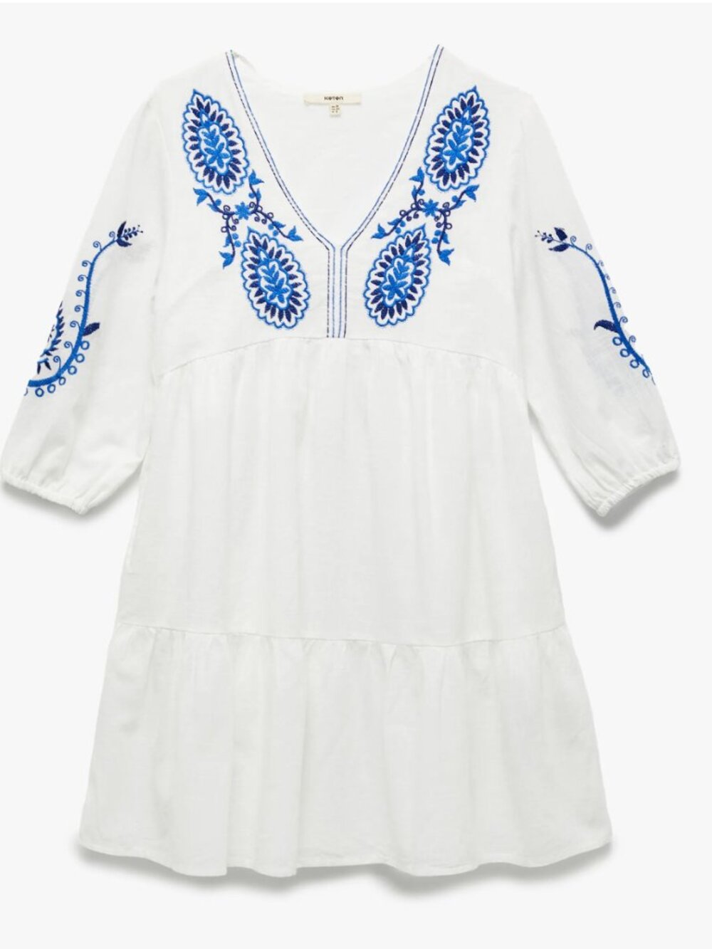 NEW Koton V-neck Relaxed Mini Cotton Dress with Blue Floral Embroidery
